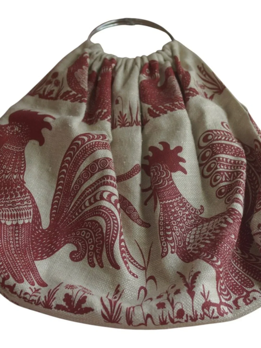 Vintage Rooster Bird Tapestry Ring Handle Bag Removable Cream Red Large